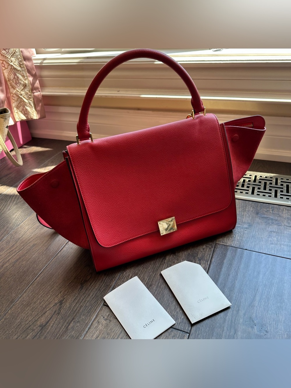 CELINE Red Grained Leather And Suede Medium Trapeze Bag